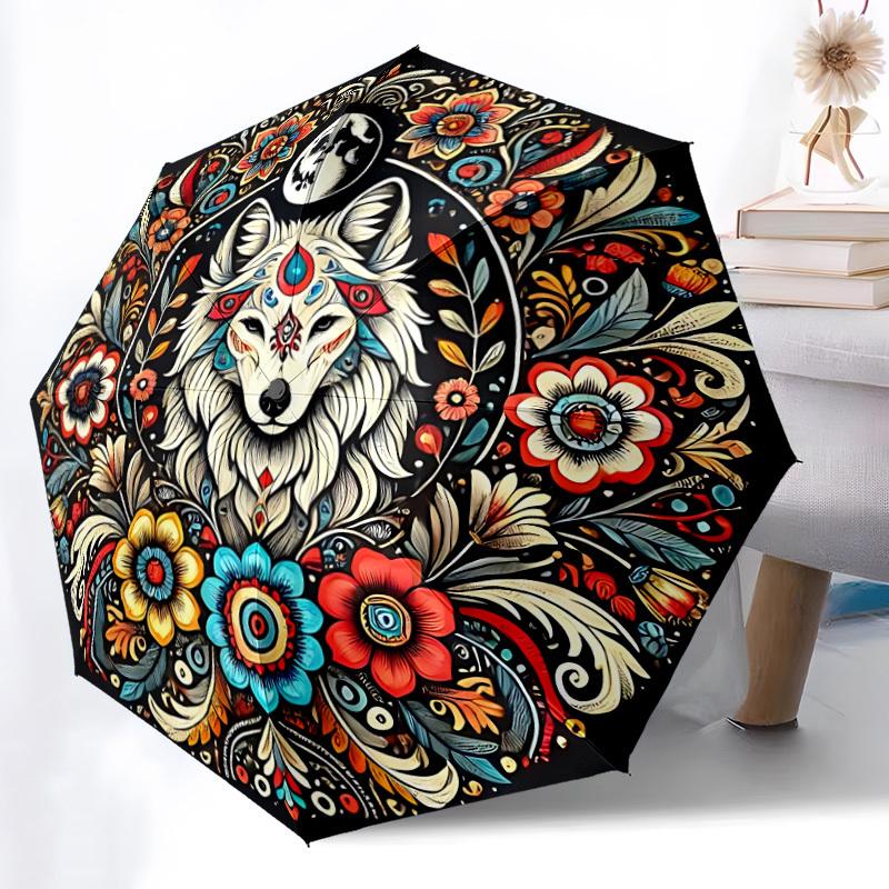 1pc Wolf Mandala Automatic Open/Close Umbrella - Portable Collapsible Umbrella with 8-Rib Stability, Fashion Lovers Yy251017104