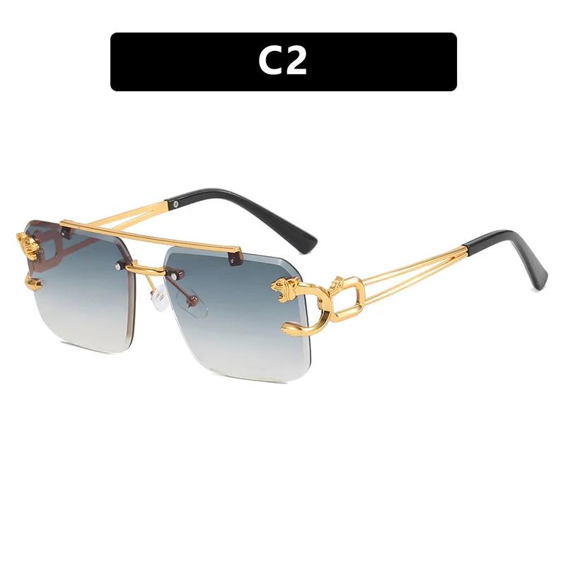 New Double Beam Square Sunglasses Leopard Frameless Cut Edge Sunglasses Women Vintage Trend Brand Design Men Shades Eyewear