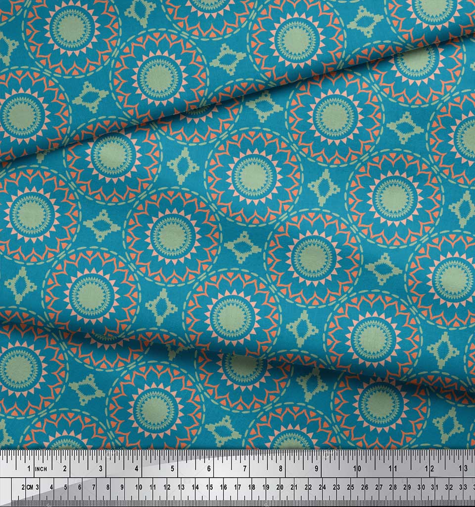 Soimoi Red Japan Crepe Satin Fabric Mandala Geometric Print Fabric by the Metre 42 Inch