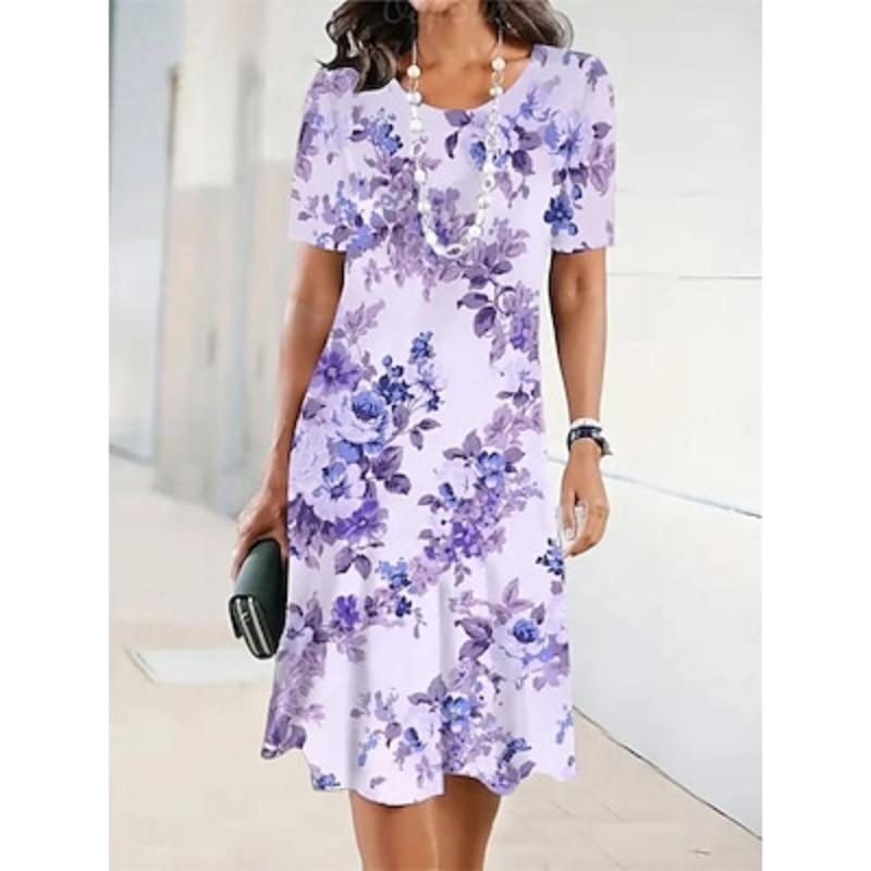 Women's Casual Dress Floral Print Crew Neck Midi Dress Stylish Casual Daily Date Short Sleeve Summer