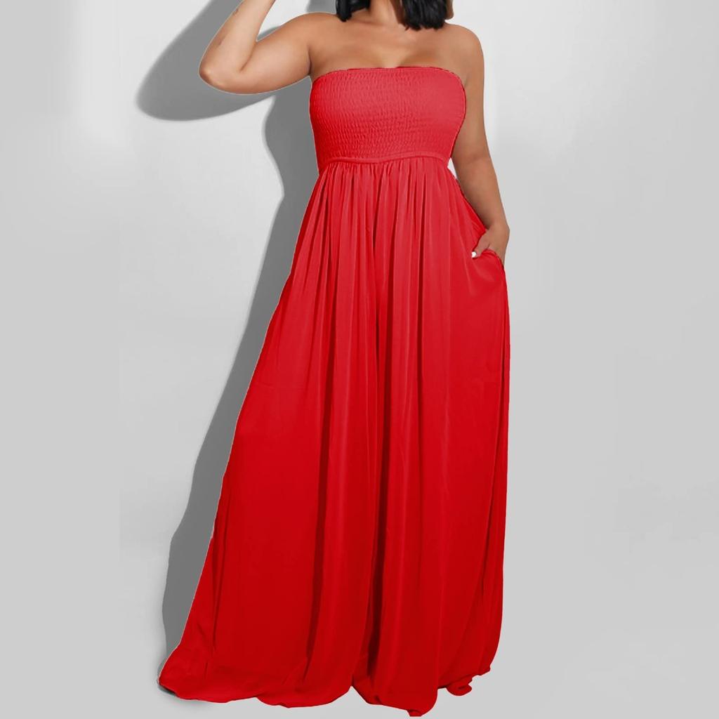 Women's Plus Size Strapless Tube Top Wide Leg Pants Jumpsuit Baggy Off Shoulder Overalls Smocked Romper With Pockets