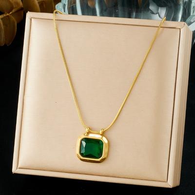 Emerald Cut Green Gem Necklace For Women Gold Plated Stainless Steel Square Pendant Jewelry