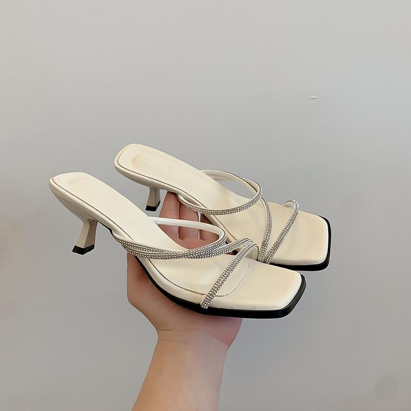

New Summer Crystal Narrow Band Women Slippers Fashion Square Toe Ladies Elegant High Heel Dress Slides Sandalias · 35 бежевый