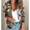 Women's Floral Print Stand Collar Zip Up Long Sleeve Casual Bomber Jacket Oversized Outerwear Coat