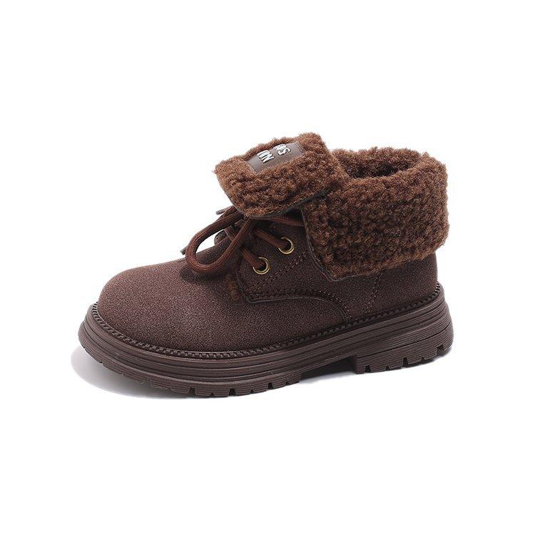 

Девочки ботинки бархат 2025 осень и зима новые мальчики кожаные ботинки детские короткие ботинки две хлопковые ботинки Мартина зимняя обувь нескользящая 36 yards inner length is about 22 cm хаки