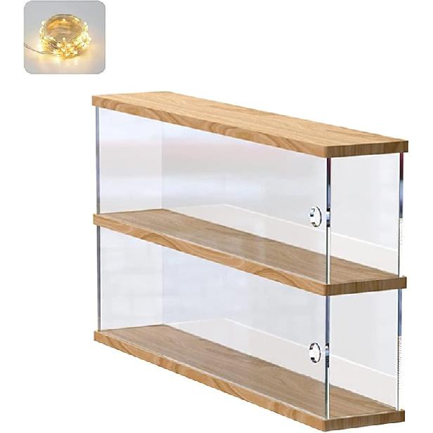 Clear Acrylic Display Shelf Case for Mini Funko Pop, Wooden Display Stand Riser 2 Layer Storage Rack for Decoration Action Figures Collectibles Toys,