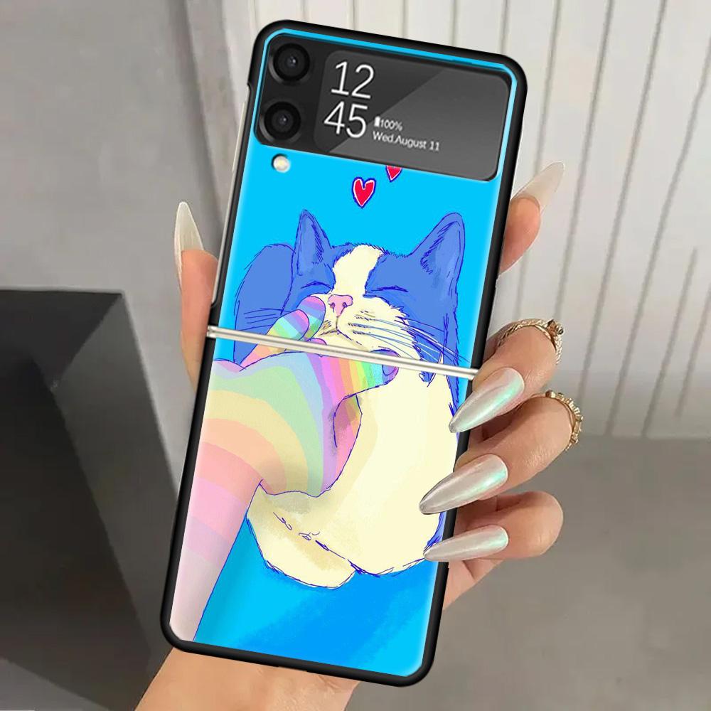 Cat Cute Kitten Cartoon Hard PC Phone Case For Samsung Galaxy Z Flip 7 6 5 4 3 Black ZFlip7 ZFlip6 Flip5 Flip4 Flip3 5G Print Co