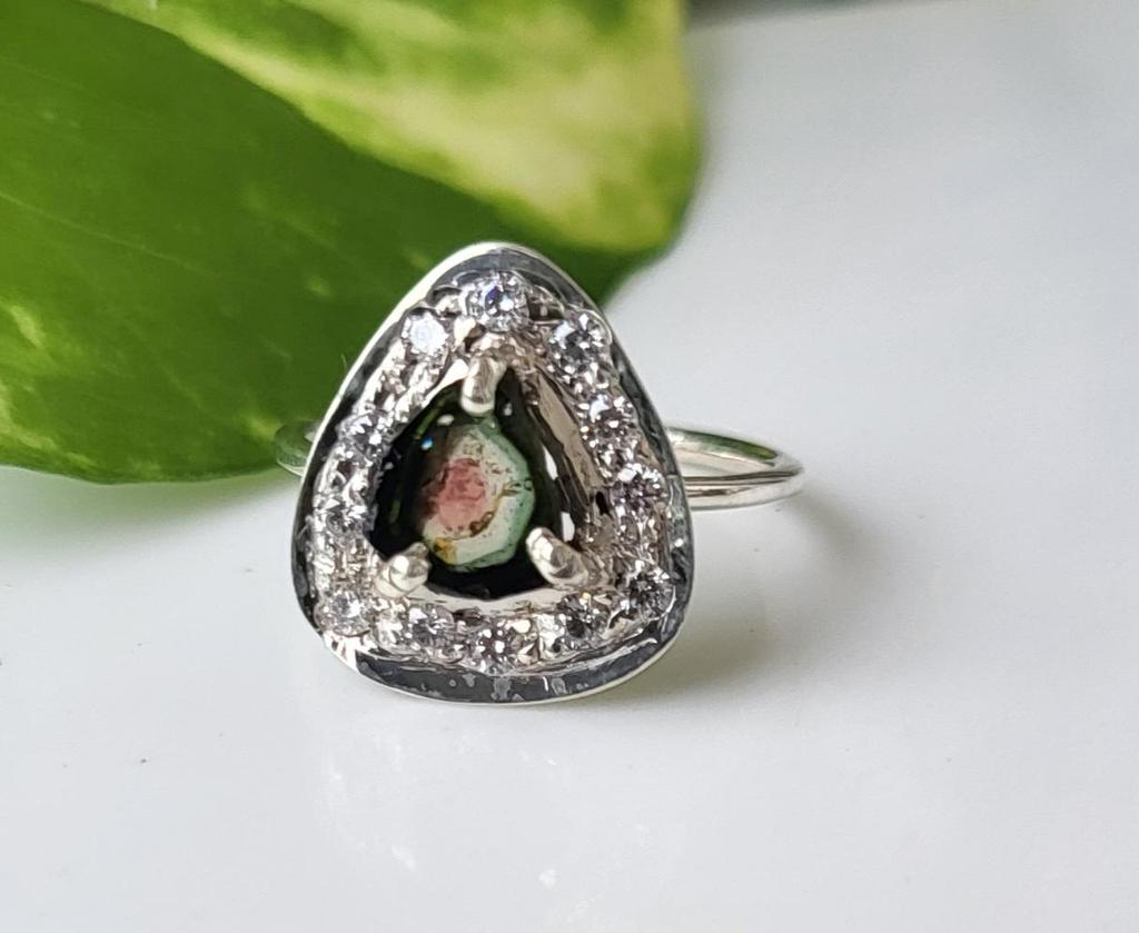 Natural Watermelon Rare Tourmaline 925 Sterling Silver CZ Ring Sz 5.75 US, A-79