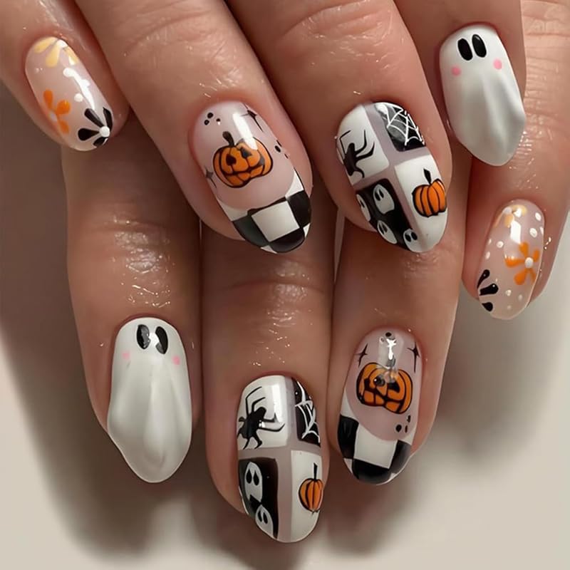 24Pcs Halloween Press on Nails Short Oval Fake Nails with Ghost Pumpkin Design Almond Cute Halloween Nails Press ons Gel Acrylic Glue on Nails