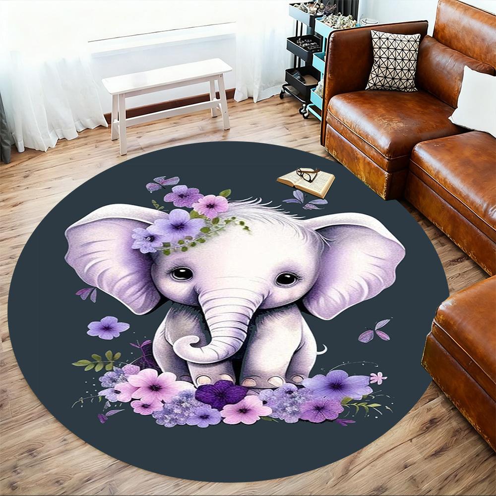 1PC Elephant Flowers Butterflies Round Chair Mat Area Rug - Non-Slip, Floor Mat for Office, Bedroom, Home Decor Christmas Gift C0528028
