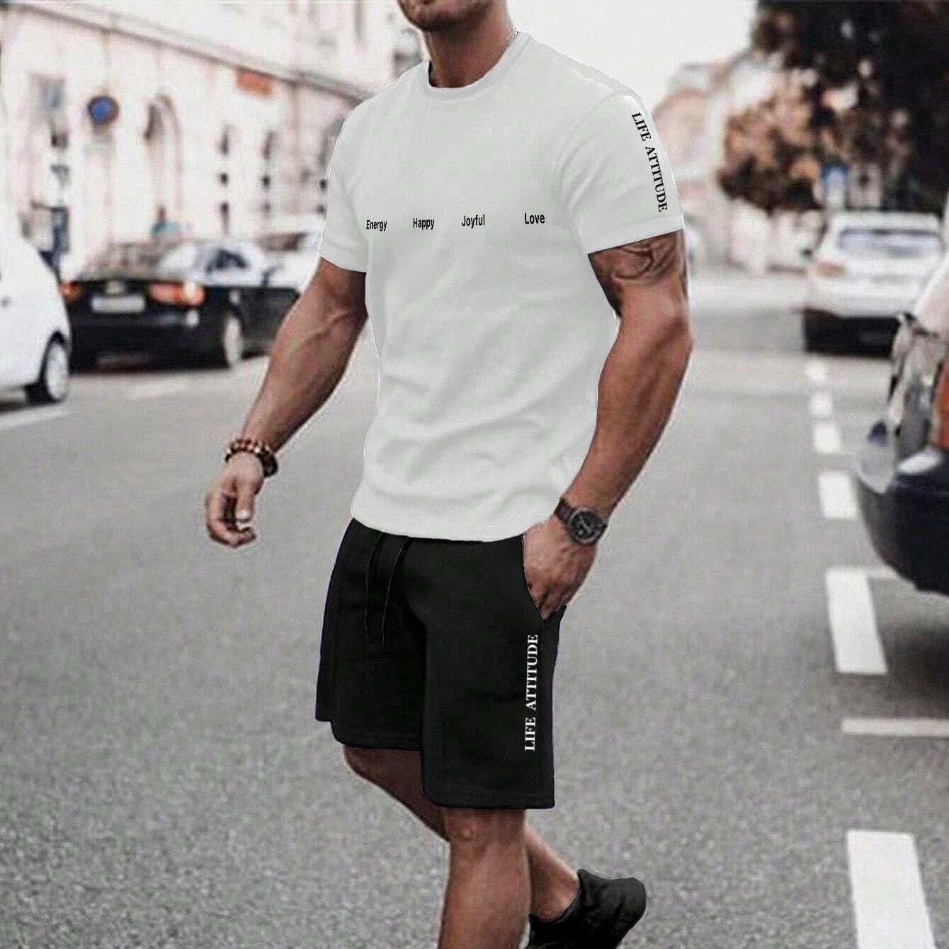 

Чоловічий комплект Manfinity Homme: футболка з круглим вирізом, коротким рукавом та принтом-літерами та шорти L