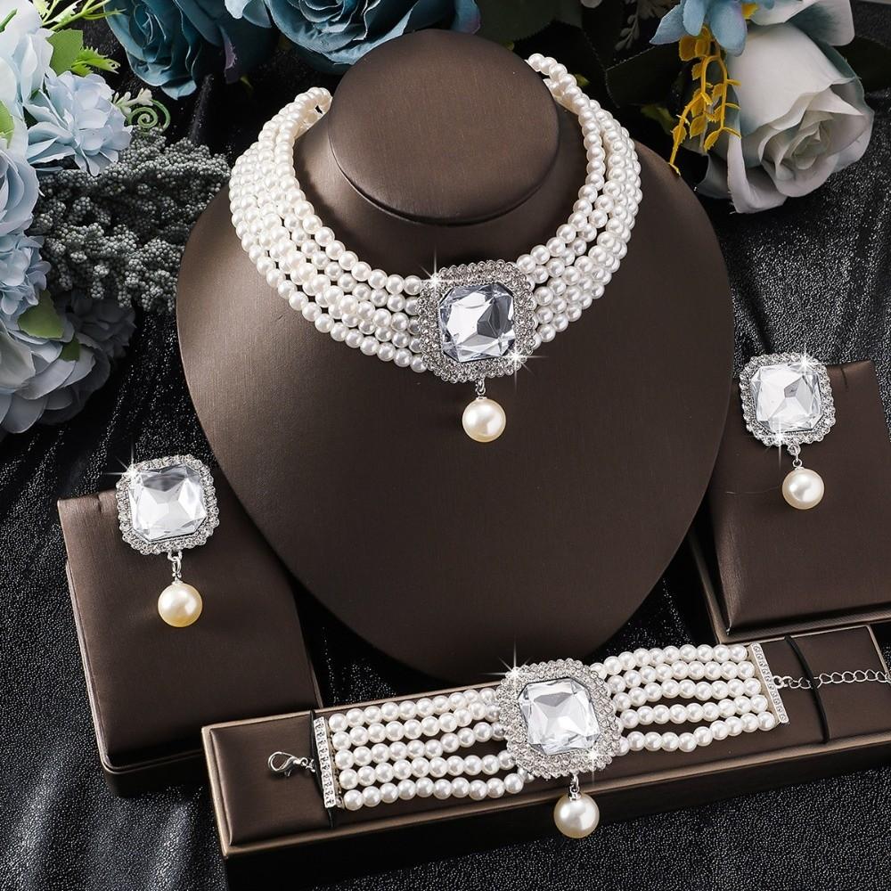 3Pcs/set Elegant Bracelets Necklaces Earrings Set Imitation Pearl Rhinestone Jewelry Set Banquet