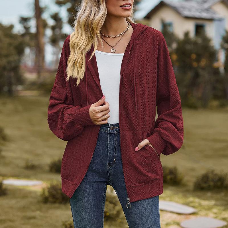 Women's V-neck Zipper Solid Color Long Loose Sweatshirt Jacket