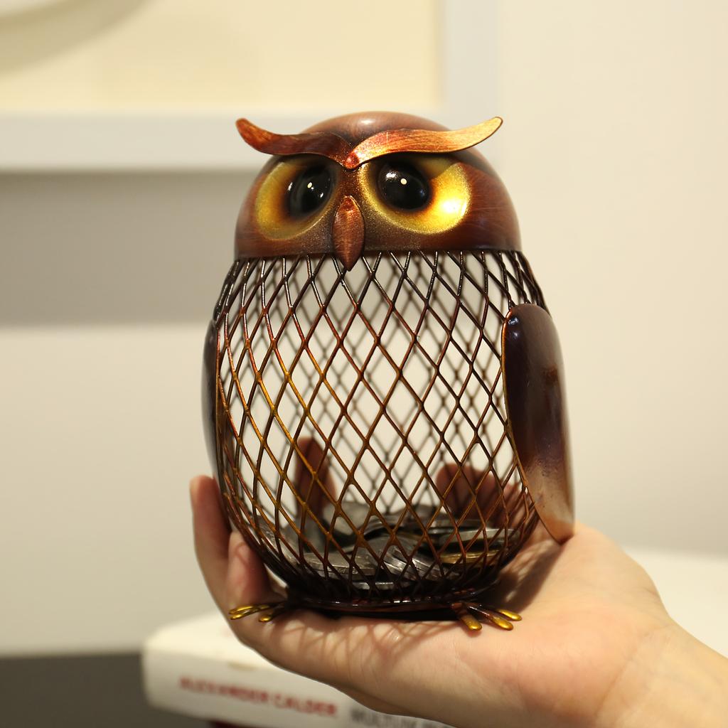 1pc Owl Animal Shaped Coin Bank Money Bank Coin Jar Rustproof Handmade Metal Painted Home Decor Cartoon Retro Gift