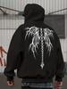 Cyber Sigil Hoodie, Unisex Drawstring Hooded Sweatshirt Gothic Spine Wings Tribal Graphic Back Print Dark Streetwear Pullover
