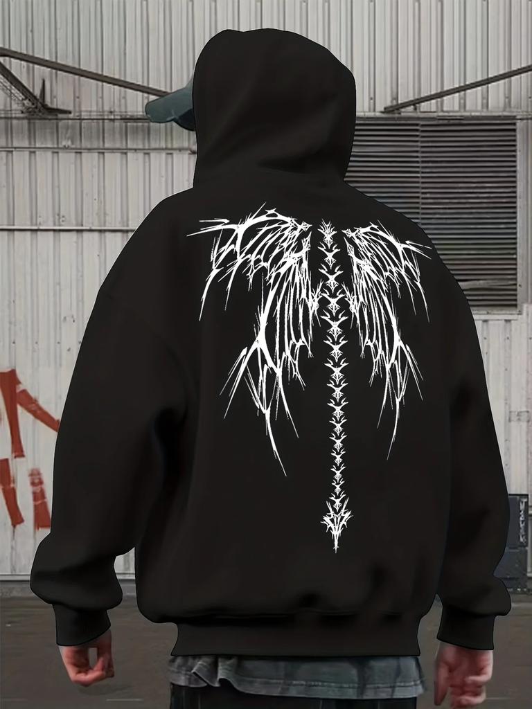 Cyber Sigil Hoodie, Unisex Drawstring Hooded Sweatshirt Gothic Spine Wings Tribal Graphic Back Print Dark Streetwear Pullover