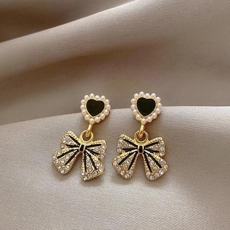 Black Heart Bowknot Crystal Imitation Pearl Drop Earrings for Women Personality Brincos Zircon Christmas Gift Wholesale