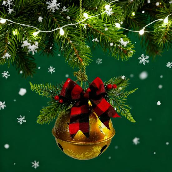 Christmas Bells Ornament Rustic Christmas Jingle Bell with Pine Needles Red Berries And Plaid Bow for DIY Holiday Door Window Tree Wreath Garland