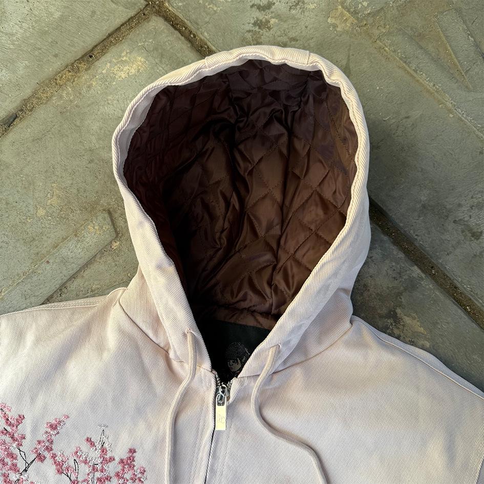 Derschutze Men's Trendy Winter 2025 Cherry Blossom Embroidered Hooded Cotton Jacket