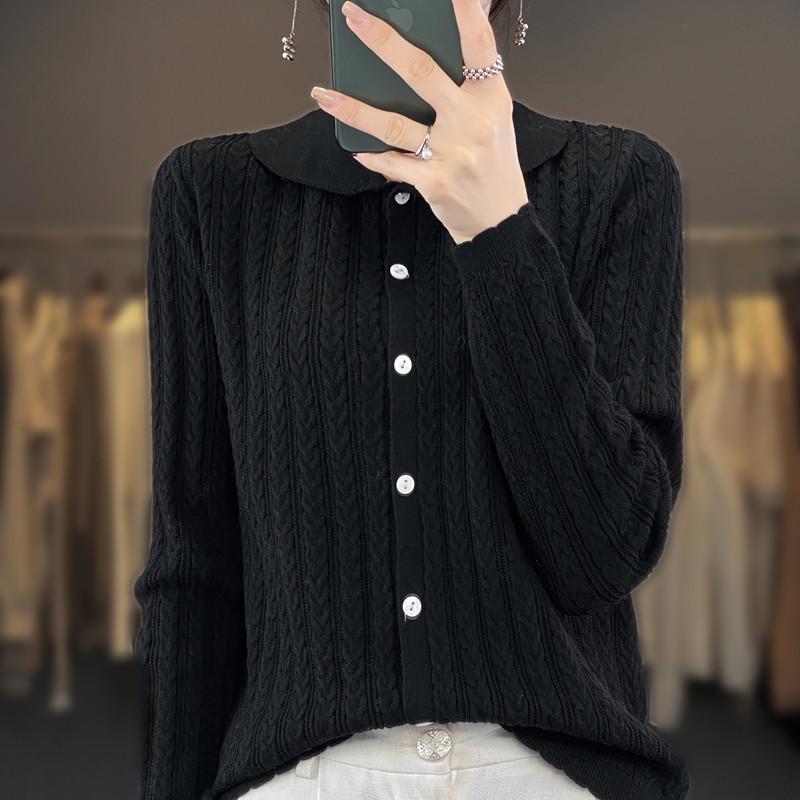 

Женский вязаный кардиган с воротником Питер Пэн - Шерсть с узором «косы», Универсальный для весны и осени XXL чёрный