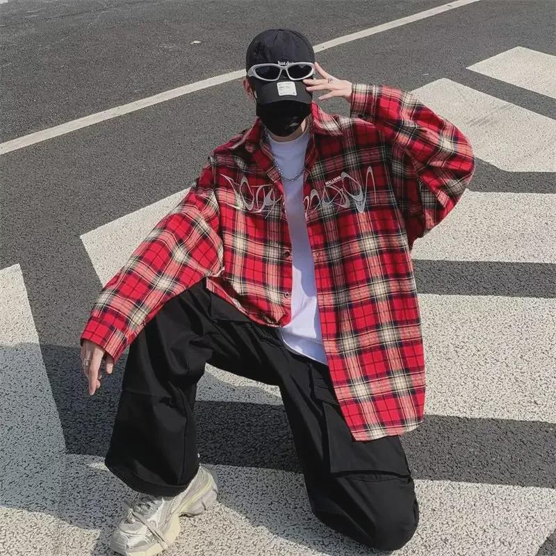 Men's Retro Red Plaid Embroidered Shirt - American Style, Loose Fit, Long Sleeve, Sun Protection
