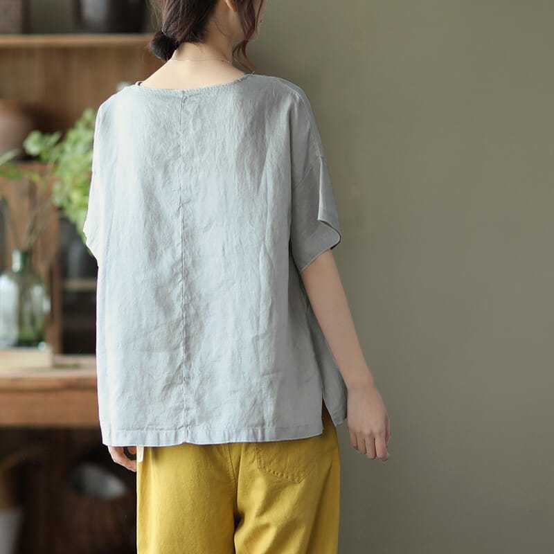 New Summer Retro Literary Printed Cotton and Linen Top for Women Loose Round Neck Short-sleeved T-shirt Versatile Head