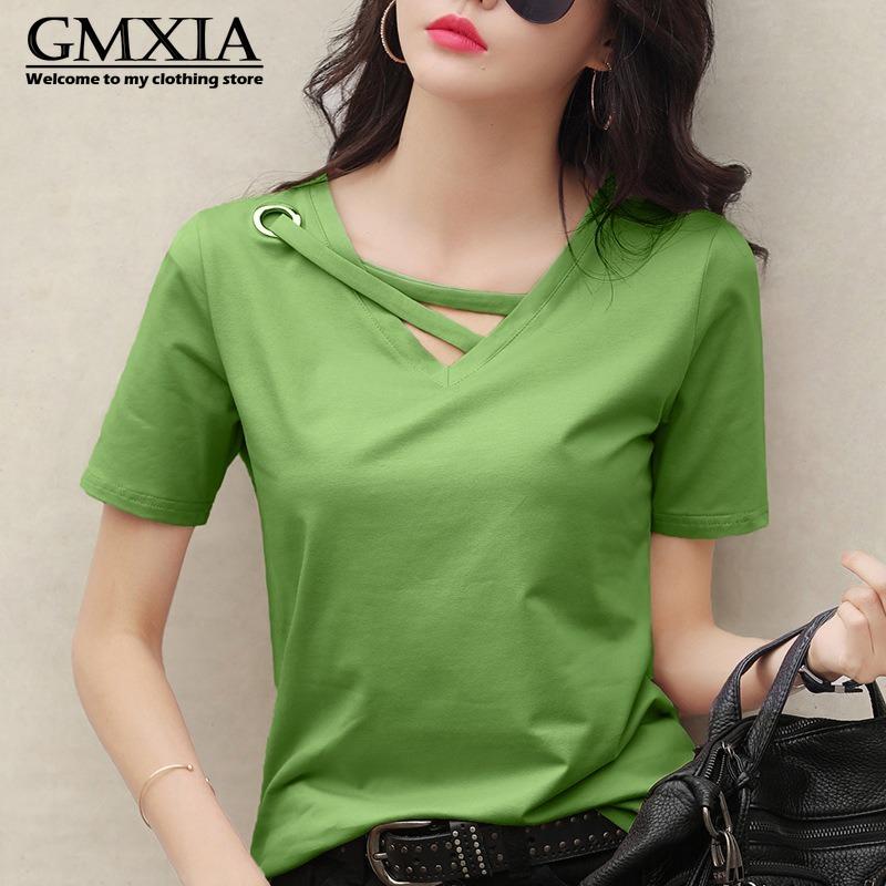 GMXIA Women's Fashion Casual Leisure Solid Color Print Short Sleeve V Neck Blouses & Shirts