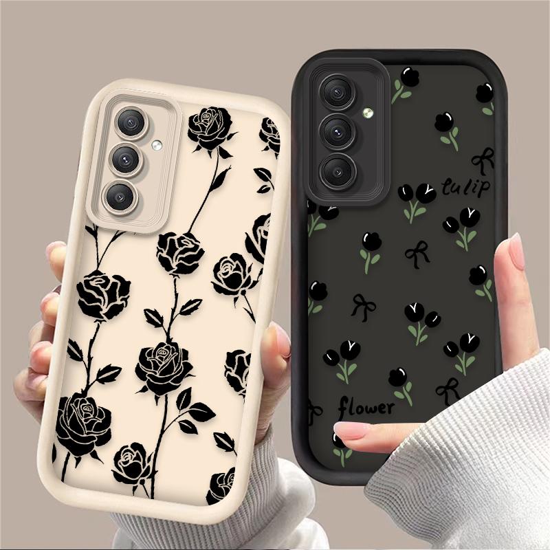 Black Flower Phone Case For Samsung Galaxy S25 S24 S23 Plus S22 S21 Ultra 24 FE Plus A15 A35 A54 A55 5G Shockproof Soft Cover