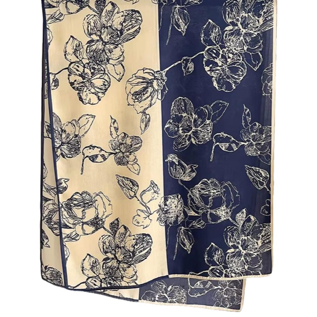 Navy Blue and Beige Scarf with Floral Pattern - 100% Viscose, 178X66