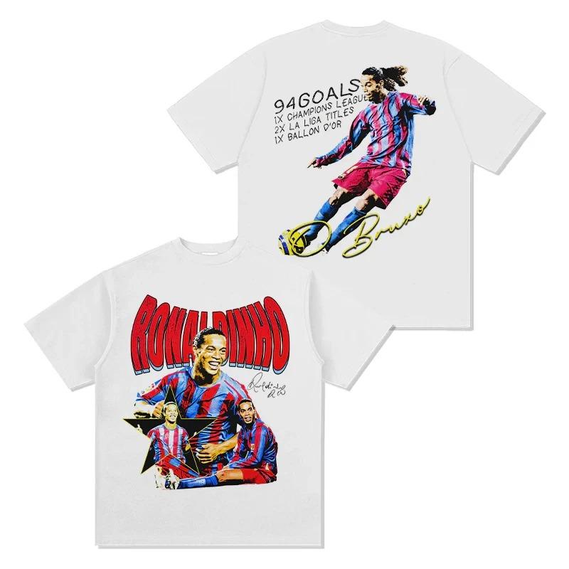 Ronaldinho Barcelona Vintage Bootleg Oboustranné Oversized Tričko, Grafické Tričko Brazilské Fotbalové Legendy, Unisex Ležérní Vrchní Díl