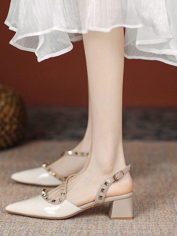 Nude high heels women's summer French thick heel pointed head rivet bag head empty sandals 2025 new foreign style