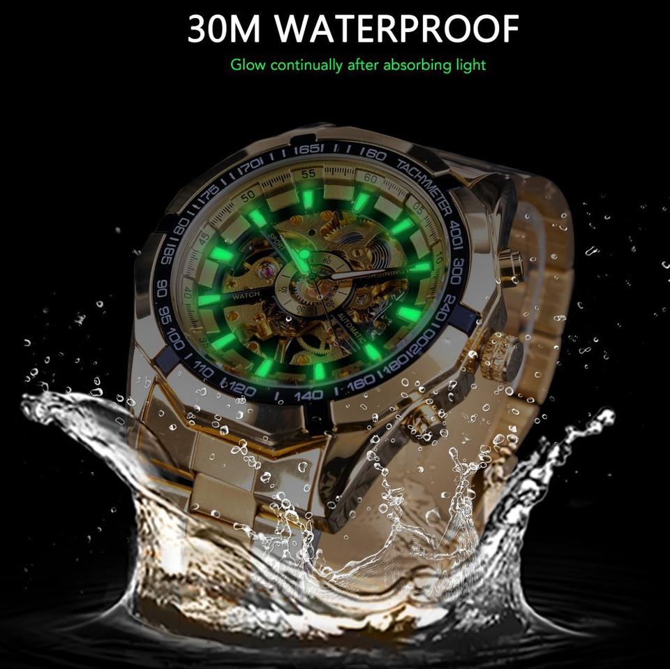 Forsining Hot Gold Men Automatic Mechanical Watches Luxury Skeleton Men's Gift Watch Stainless Steel Wristwatches Luminous