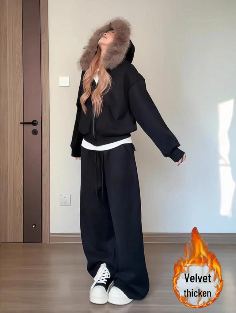 Women's Korean Style Velvet Fur Hooded Sweatshirt & Wide Leg Pants Set - Autumn/Winter Fashion