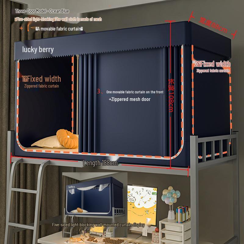 University Dorm Blackout Privacy Curtain - 3-Door Mosquito Net for Bunk Beds
