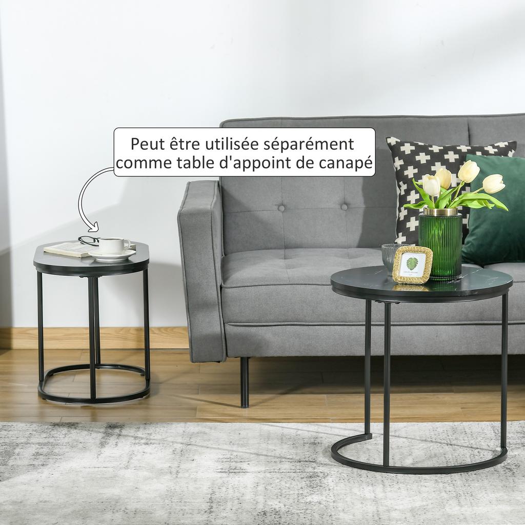 Nesting Coffee Tables/Side Tables, Set of 2, Steel, Marble-Effect MDF Tops, Round and Oval, Black