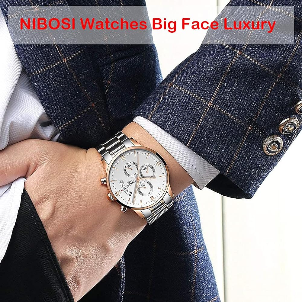 NIBOSI Men's Big Face Chronograph Analog Watch Stainless Steel Casual Date Display