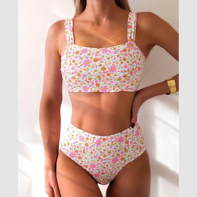 

Women Summer Strap Beach Holiday Floral Printed High-waisted Bikini L