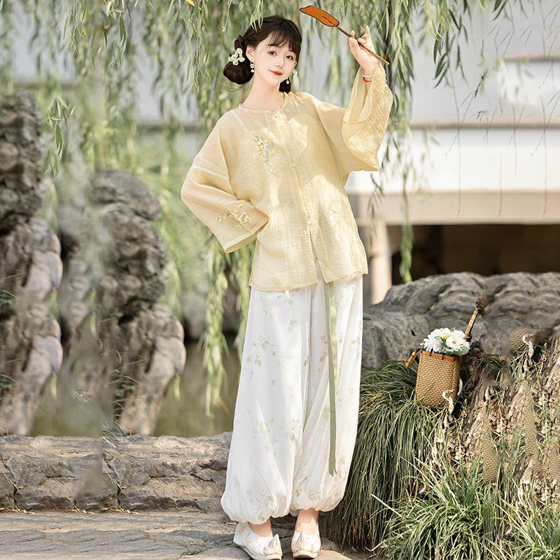 Cămașă cu gât rotund și pantaloni bufant hanfu în stilul dinastiei Song chineze pentru femei, costum de zi cu zi de primăvară și vară