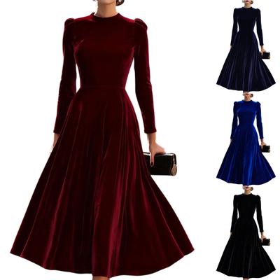 Γυναικείο Μόδα Casual Μονόχρωμο Βελούδινο Φόρεμα με Λαιμόκοψη - V και Μακρύ Μανίκι