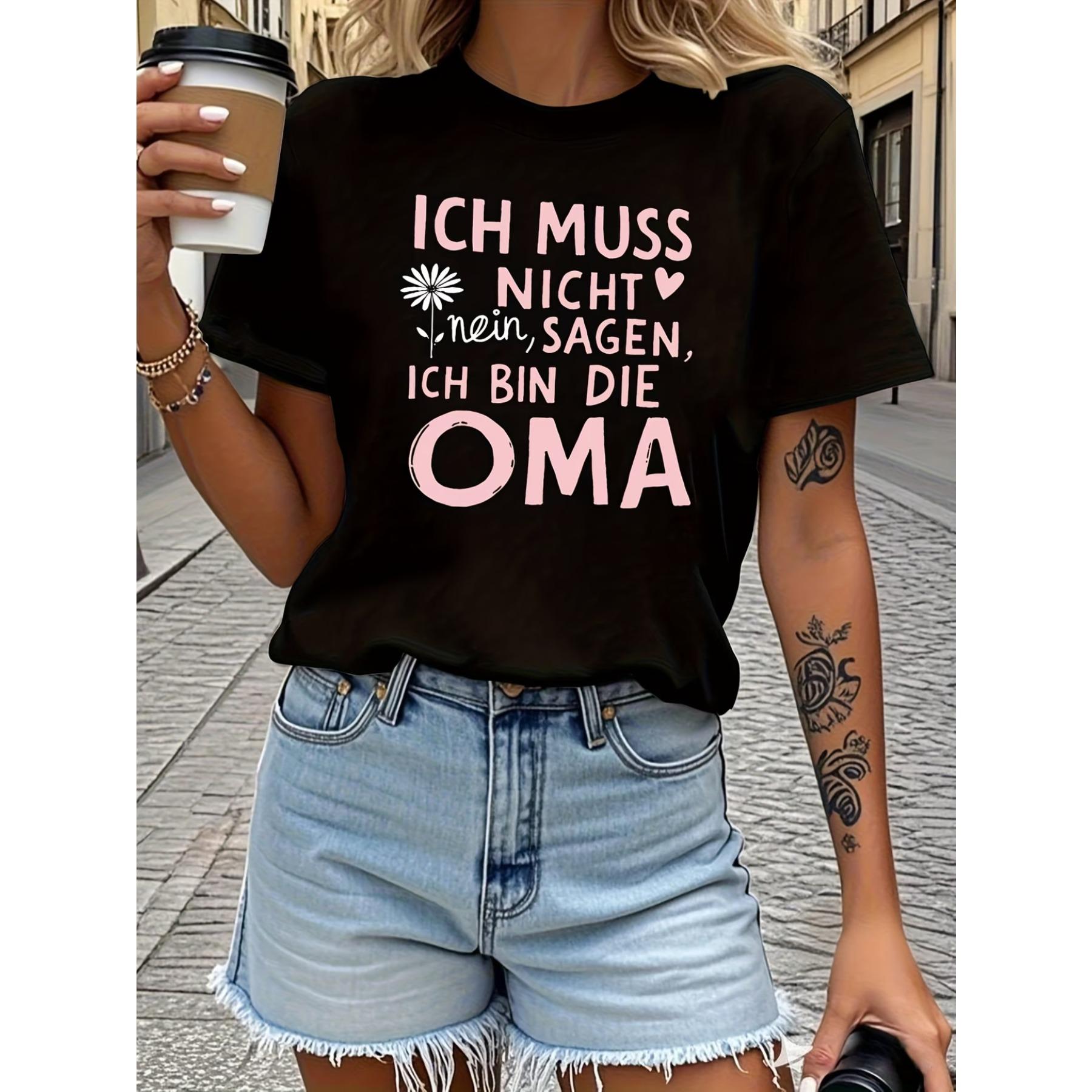 

Street Style Display of German T - Shirt with Grandma Identity Slogan, Short Sleeve Crew Neck Casual Top for Summer & Spring, Women s Clothing S чёрный