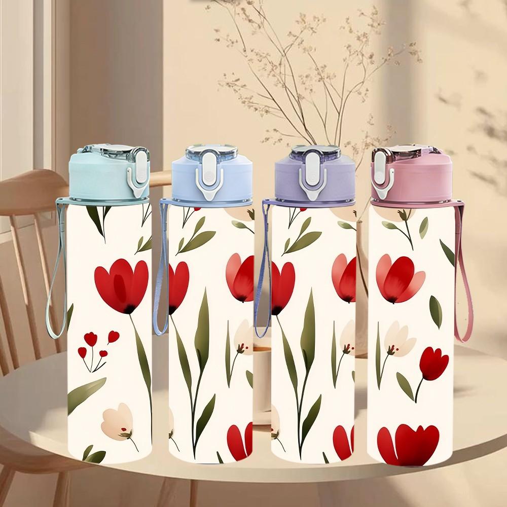 1PC Deep Red Tulip Floral Repeat Background Print 750ml Color Plastic Sports Water Bottle Leakproof Flip Straw Lid Suitable for Sports Office Home Use