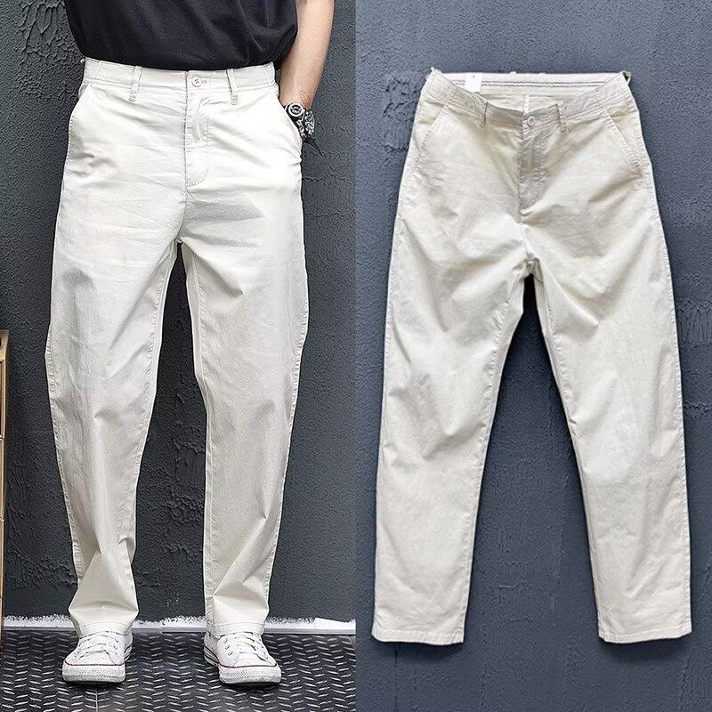 Pure cotton casual pants men's summer loose and versatile tooling pants simple solid color straight trousers men