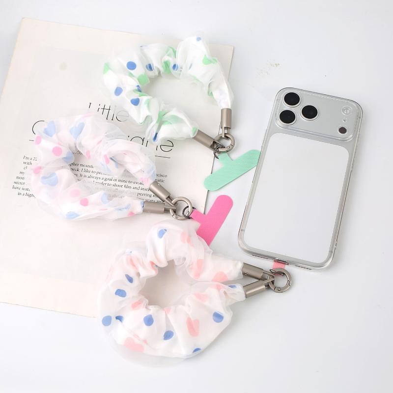 Women Heart Polka Dot Scrunchies Phone Lanyard Universal Phone Wrist Straps Anti Lost Hand Lanyard Detachable Cute Wristband