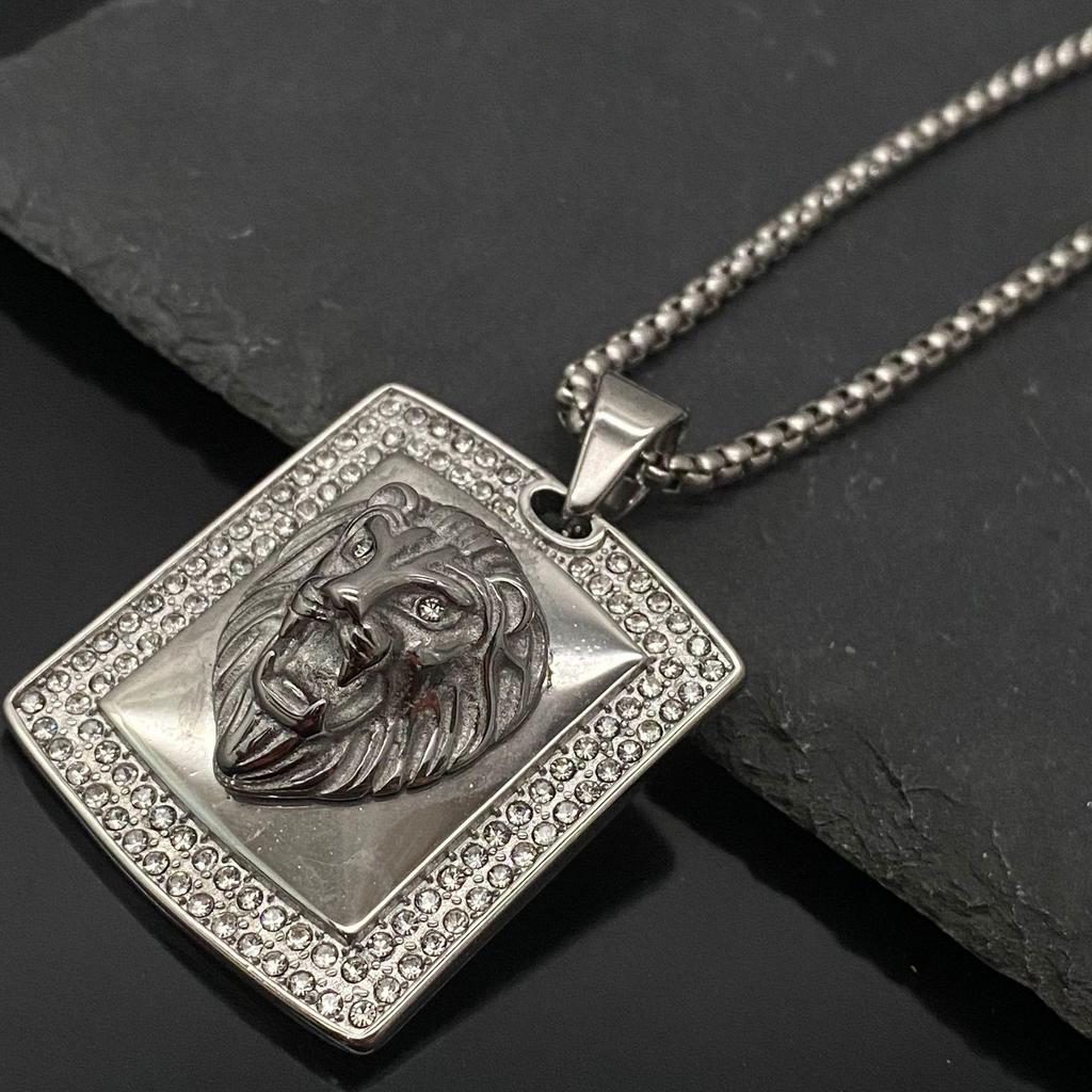 Stainless Steel Rhinestone Lion Head Pendant Hip Hop Necklace