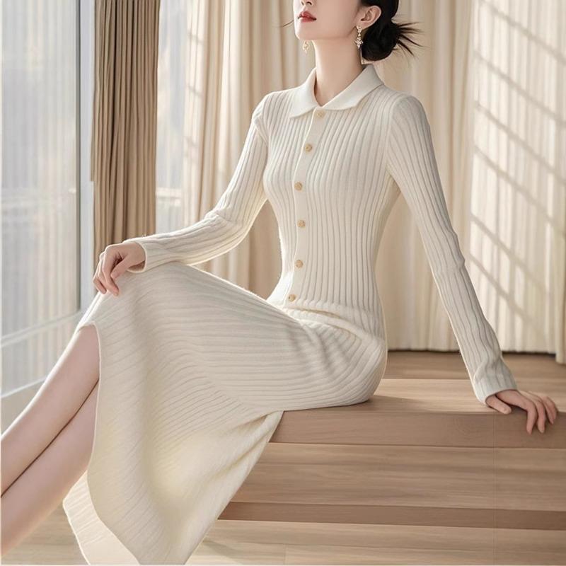Winter New High-end Temperament Celebrity High-end Muse Fan White Knitted Dress Women