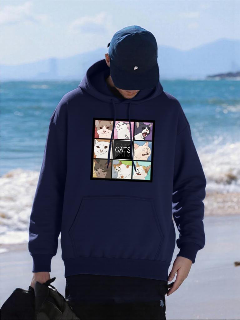 Cartoon Cat Nine Palace Grid Print Men Hoody Pocket Fleece Hoodie Autumn Multicolor Sportswear Oversized Hip Hop Male Pullover