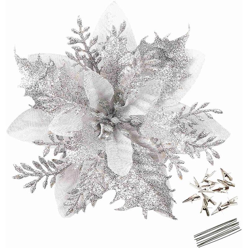 

6/12Pcs 14.5cm Glitter Artifical Christmas Flowers With Clips Stems Christmas Tree Decor Happy New Year Xmas Navidad 2025 Supply 6Pcs