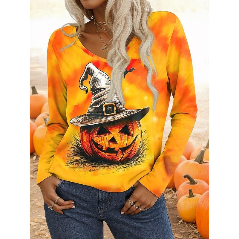 2025 Halloween Women's T-Shirts Graphic Pumpkin Elegant Vintage Tees Long Sleeve T-shirts V-Neck Regular Tops Casual Pullover