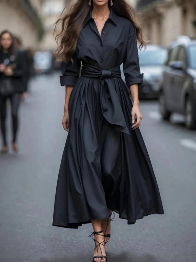 Spot Women'S Long Sleeve Lining Collar Solid Color Long Dress Dress Lace Up Windbreaker Skirt