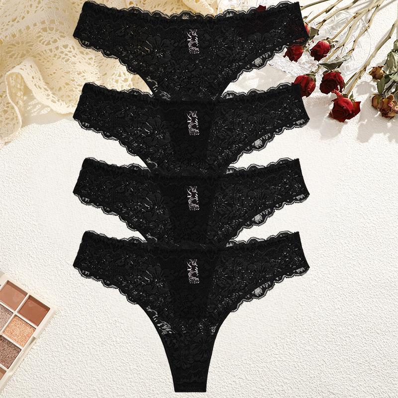 4Pcs/Set Perspective Lace Panties Hollow Out Low-waist Underwear Thongs Female Underpants Breathable Lingerie Intimates